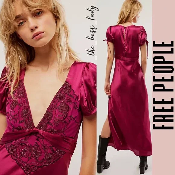 SOLD -D- Free People dress maxi satiny floral embroidered spring cocktail summer - Picture 3 of 6